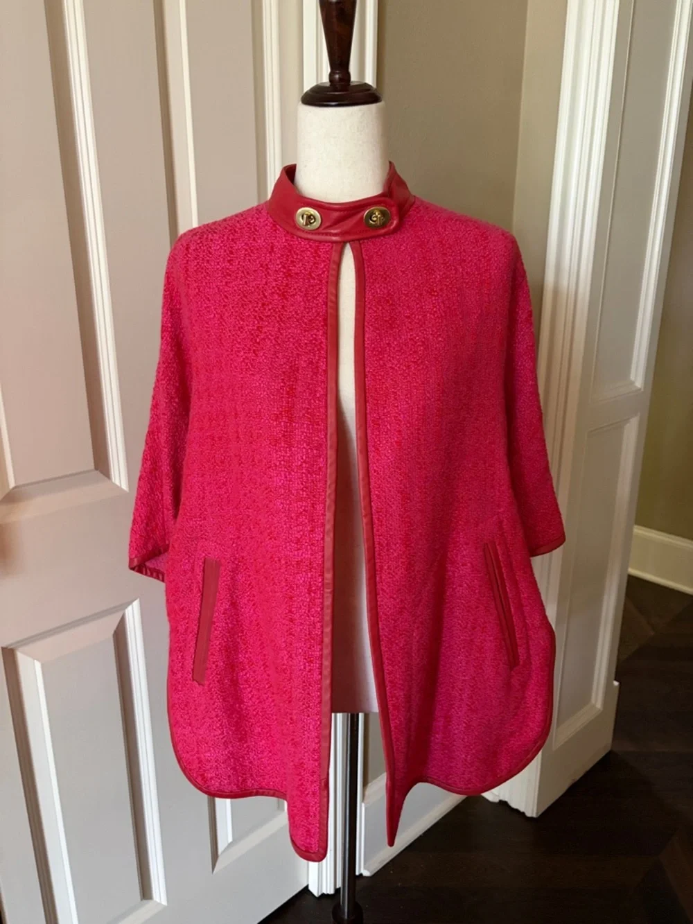 Coach Pink Short-Sleeve Bouclé Sweater Jacket with Leather Trim Small